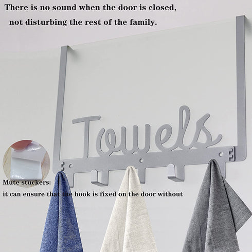 Over The Door 5 Hooks Door Hanger; Over The Door Towel Rack Bathroom Organizer for Hanging Towels Robe Coat Shirt Hat-Silver