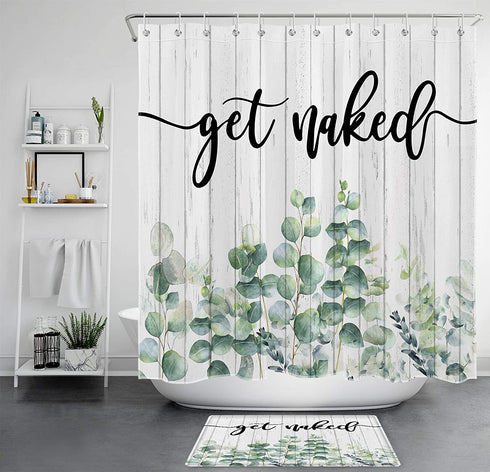 HVEST Get Naked Shower Curtain for Bathroom, Green Eucalyptus Leaf and Funny Text on Rustic Planks Shower Curtain with Hooks Set Polyester Waterproof Fabric Bath Decor Accessories,72x72 Inches