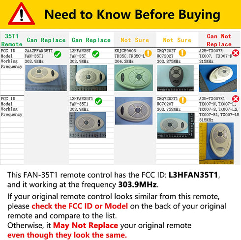 35T1 Ceiling Fan Remote Control Replacement for Harbor Breeze Allen Roth, 303.9MHz, 3-Speed, Light Dimmer, Learn Key, Replace FAN-53T FAN-11T L3HFAN35T1 FAN-35T1 L3HFAN35T FAN-35T (Remote Only)