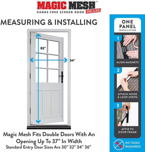 Magic Mesh Deluxe- Black- Hands Free Magnetic Screen Door, Mesh Curtain Keeps Bugs Out, Frame Hook & Loop, Hands Free, Pet & Kid Friendly- Fits Doors up to 39 x 83 Inches