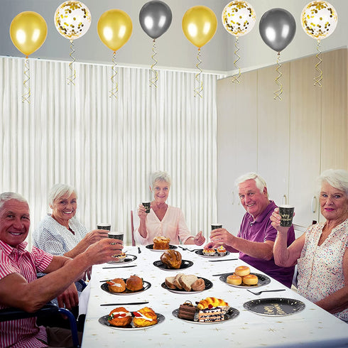 Decorlife Retirement Plates and Napkins Sets Serves 16, Retirement Party Supplies Includes Plates Set, Happy Retirement Banner, Fringe Curtains and Balloons, Total 136 PCS