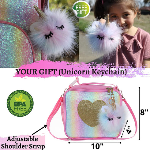 Lunch Box Insulated - Easy to Clean and Safe to Use Kids Lunch Bag for Girls Glitter Rainbow Thermal Soft Perfect for Packing Hot or Cold Snacks for School and Travel