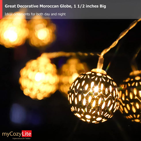 LED Globe String Lights, Plug in with Timer, 8 Funtions, 3V Low Voltage Transformer, Unique Pattern, 20 Golden Metal Globes, Warm White Moroccan Lights, Extendable
