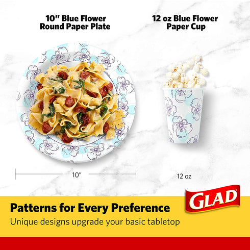Glad Round Disposable Paper Plates 10 in, Blue Flower|Soak Proof, Cut Proof, Microwave Safe Heavy Duty Paper Plates 10"|50 Count Bulk Paper Plates, Paper Plates 10 Inch, Bulk for Parties and Occasions