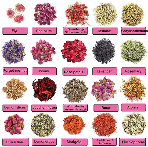 Natural Dried Flower for Soap Making,Dried Flower Herbs Kit for Bath, Candle, Aromatherapy Making, Sachet, Dried Flower for Perfume, Include Lavender, Rose Petals, Rosebuds, Jasmine 20 Packs
