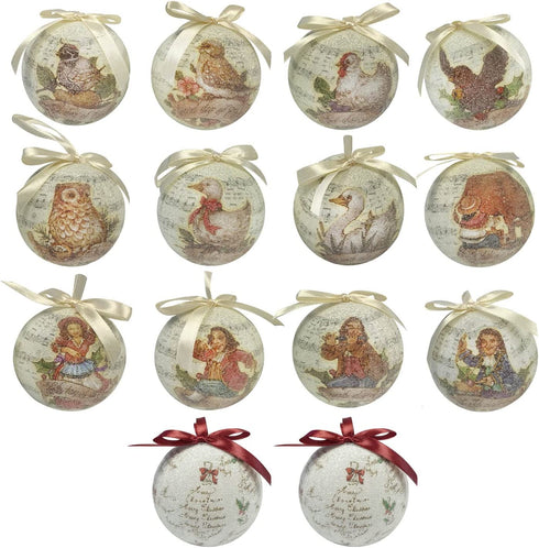 FAVRD 12 Days of Christmas Ornaments Set Shatterproof Christmas Tree Decorations Christmas Decor Holiday Decorative Hanging Ornaments, Set of 14, Each Ornament 3 Inch Diameter, 3.5 Inch High, Beige