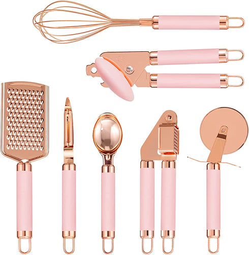 7 pieces Kitchen Gadget Set Copper Coated Stainless Steel Utensils, kitchen gadgets,utensil sets,Non-stic - Best Kitchen Cookware with Soft Touch Pink Handles(Pink)