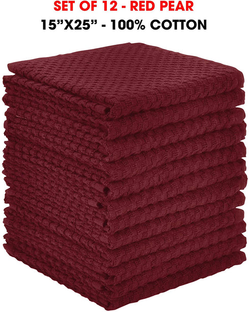 Talvania Red Kitchen Dish Towels, 100% Cotton Dobby Weave Terry Towel Set, 12 Pack Soft and Absorbent Multipurpose Dish Cloth, Hand Towel and All Kitchen Cleaning 15? X 25? Machine Washable (Red Pear)