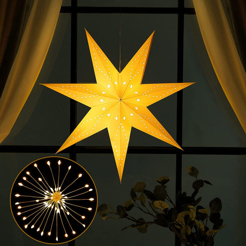 Paper Star Lantern, 8 Mode 50 LEDs Firework Fairy String Lights, Light up Hollow Out Star Hanging Decoration for Indoor Outdoor Room Wedding Christmas Party (Classic Style)