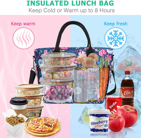 KIPBELIF Insulated Lunch Bags for Women - Large Tote Adult Lunch Box for Women with Shoulder Strap, Side Pockets and Water Bottle Holder, Blue Pink Flower, Normal Size