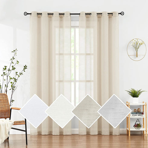 FMFUNCTEX Linen Sheer Curtains Living-Room 84inch Long Modern Semi Sheer Window Panel Drapes for Farmhouse Bedroom Grommet Top, Natural, 55" w 1 Pair 7ft