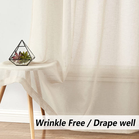 FMFUNCTEX Linen Sheer Curtains Living-Room 84inch Long Modern Semi Sheer Window Panel Drapes for Farmhouse Bedroom Grommet Top, Natural, 55" w 1 Pair 7ft