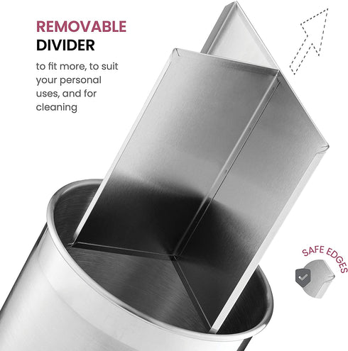 Extra-Large Stainless Steel Kitchen Utensil Holder - 360° Rotating Utensil Caddy - Weighted Base for Stability - Utensil Crock With Removable Divider for Easy Cleaning - Countertop Utensil Organizer.