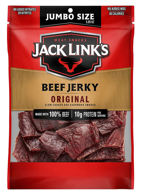Jack Link's Beef Jerky, Original, 5.85 oz. Sharing Size Bag - Meat Snack, 11g of Protein, 80 Calories, Made with 100% Beef - 96% Fat Free, No Added MSG or Nitrates/Nitrites (Packaging May Vary)
