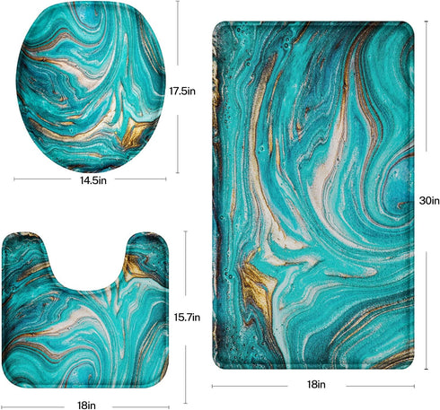 Britimes Bathroom Rug Set of 3, 3 Pieces Bath Mats Set for Bathroom, Green Marble Ripples No Silp Washable Cover Floor Rug Decorations for Kitchen Bathroom Bedroom