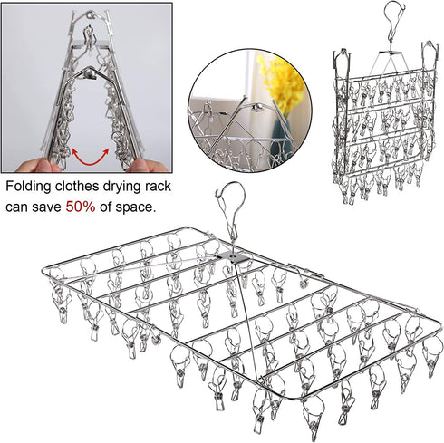 Stainless Steel Folding Clothes Drying Racks Laundry Drip Hanger Laundry Clothesline Hanging Rack Swivel Windproof Hook for Sock Set of 52 Metal Clothespins