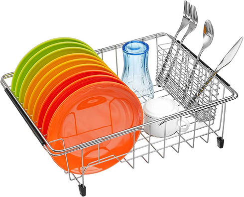 SANNO Large Expandable Dish Drying Rack with Utensil Cutlery Holder Sink Dish Rack, Deep Large Dish Drainer Dish Rack in Sink On Counter, Stainless Steel