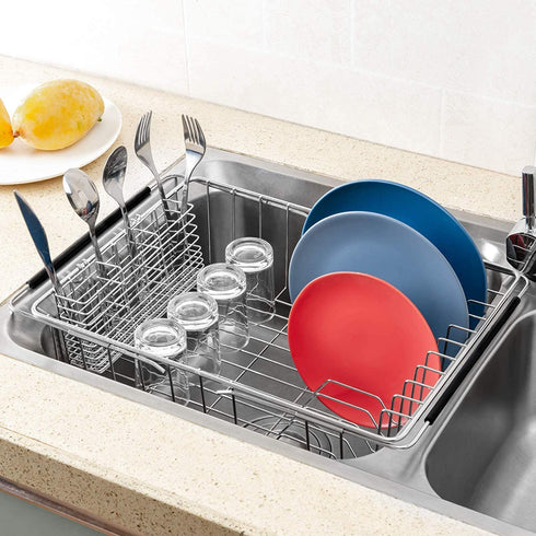 SANNO Large Expandable Dish Drying Rack with Utensil Cutlery Holder Sink Dish Rack, Deep Large Dish Drainer Dish Rack in Sink On Counter, Stainless Steel