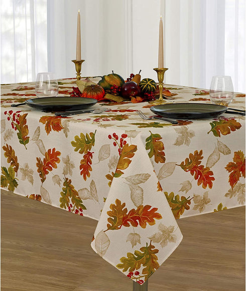 Elrene Home Fashions Swaying Leaves Allover Fabric Tablecloth for Thanksgiving/Fall/Harvest, 60 in x 120, Ivory