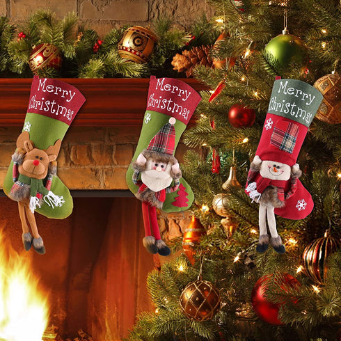JUOIFIP 23'' Large Christmas Stockings Set of 3 - 3D Santa Snowman Reindeer Personalized Christmas Hanging Stockings Christmas Fireplace Stairs Decorations for Family Holiday Party