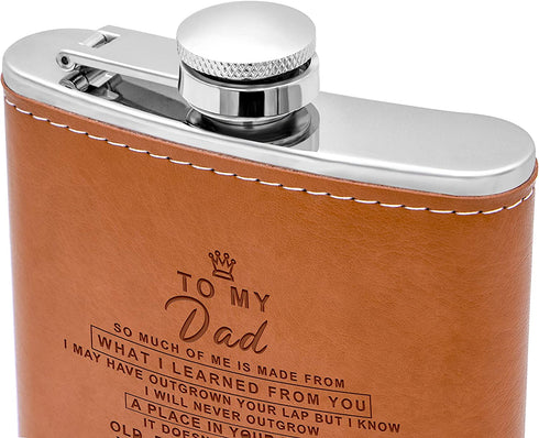 Personalized Flask Set - Engraved Custom Hip Flasks For Dad - Stainless Steel with Leather Flask For Men, Father Day's Valentine's Christmas Gift (Brown-For Dad)