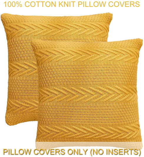 LiBcmlian Yellow Throw Pillow Covers 18x18 Set of 2 Cotton Pillow Cushion Cases Cable Knit Decoration Square Pillowcases for Couch Sofa Bedroom Living Room Car