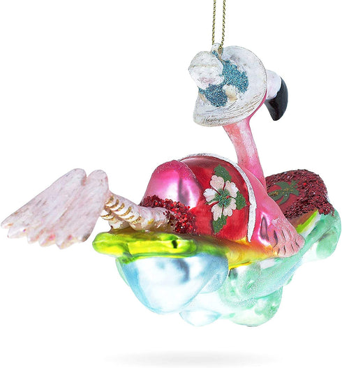 BestPysanky Pink Flamingo Surfing Glass Christmas Ornament