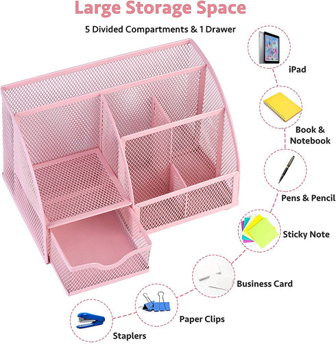 Pink Desk Organizer for Women, Mesh Office Supplies Cute Stationary Organization Office Accessories Essentials Caddy with Drawer for Home & Office Desktop & Decor& Kitchen