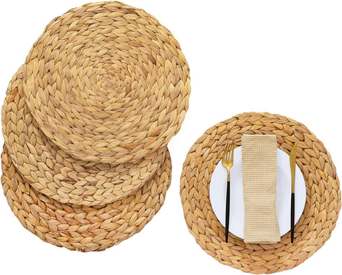 Artera Round Woven Placemats - Set of 4, Natural Wicker Placemats, Water Hyacinth Straw Braided Placemats, Heat Resistant Non-Slip Weave Placemats Handmade (11.8" Round, Style 1)