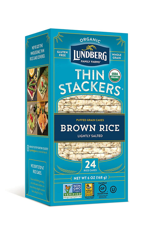 Lundberg Organic Thin Stackers, Brown Rice, Lightly Salted, 6 oz (Pack of 1), Thin Rice Cakes, Gluten-Free, Vegan, Healthy Snacks