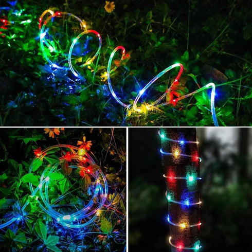 YEGUO Solar Rope Lights Outdoor Waterproof LED, 2 Pack Each 33ft 100 LED Rope Lights Outdoor, PVC Tube Multicolor Fairy String Trampoline Lights for Pool Balcony Tree Garden Yard Fence Party Walkway