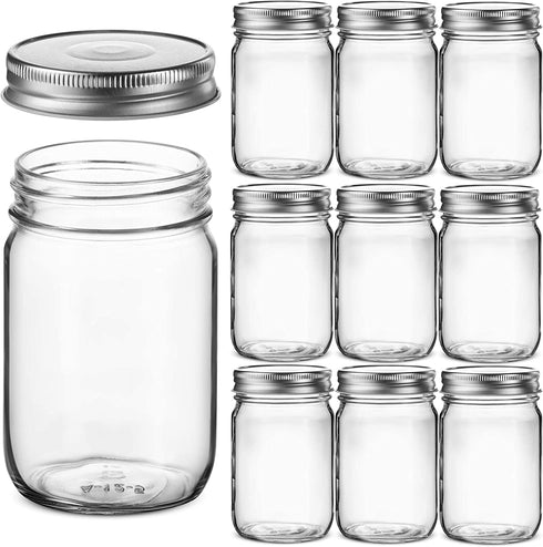 Regular-Mouth Glass Mason Jars, 12-Ounce (10-Pack) Canning Jars with Silver Metal Airtight Lids for Meal Prep, Food Storage, Canning, Drinking, Overnight Oats, Jelly, Dry Food, Spices, Salads, Yogurt