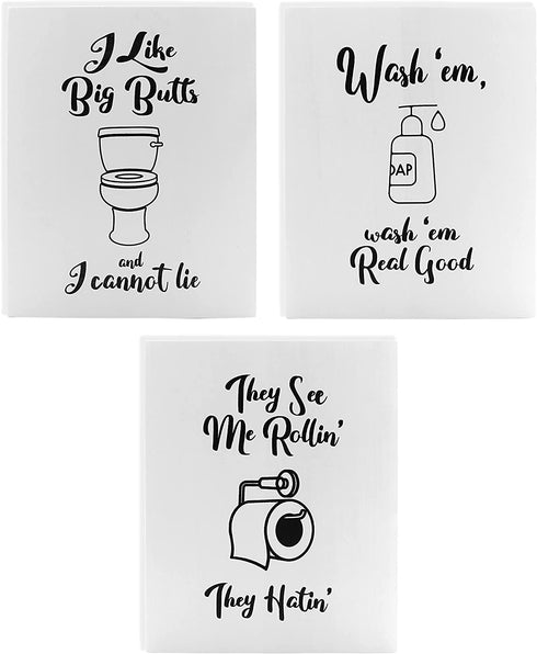Decorae Wooden Funny Bathroom Signs (Set of 3); Cute Humorous Wall Art Each 10 x 8 Inches