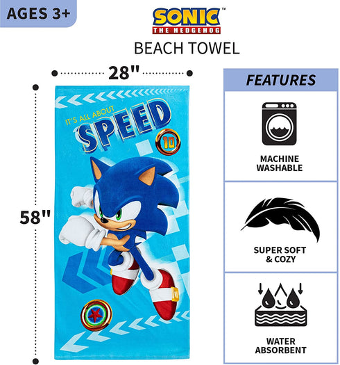 Franco Kids Super Soft Cotton Beach Towel, 58 in x 28 in, Sonic The Hedgehog