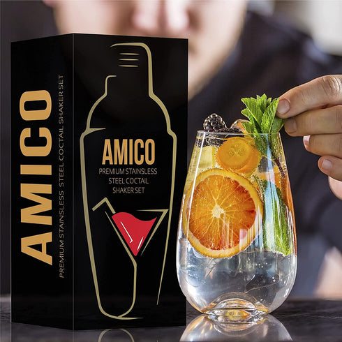 Amico Premium Stainless Steel Bar Set 24 Ounce with 6 Pcs Accessories Innovative Rubber Ring Design with Mixing Spoon, 2 Pourers, Jiggle & Muddler Built-in Bartender Strainer (Includes Muddler)