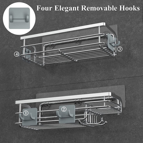 Nieifi Shower Caddy with Hooks, Shower Shelf Organizer Basket Rack Storage Rustproof Adhesive Bathroom Shelves, Drill Free 2 Pack