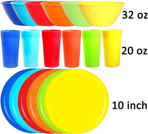 Youngever 18 Piece Plastic Kitchen Dinnerware Set, Plates, Dishes, Bowls, Cups, Service for 6 (Rainbow Colors)