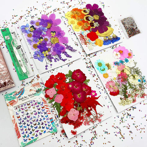 AINAZ 154 Pcs Natural Dried Pressed Flowers for Resin Molds with Butterfly Stickers, Colorful Stones, and Tweezer for DIY Resin Crafts, Jewelry & Candle Making Nails Art
