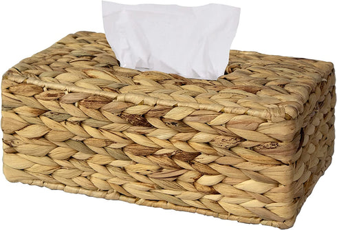 Hand Woven Square Tissue Box Cover Holder | Rustic Wicker Straw Tissue Paper Box Napkin Dispenser Organizer for Kitchen, Bathroom and Office (Water Hyacinth) (Rectangular)