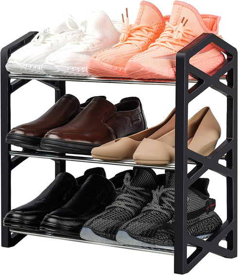 NiHome 3-Tier Shoe Rack Multifunctional Sturdy Steel Organizer Compact Small Size Lightweight 6 Pairs Footwear Freestanding Shelf for Closet Hallway Entryway Living Room Bedroom X Shape Frames (Black)