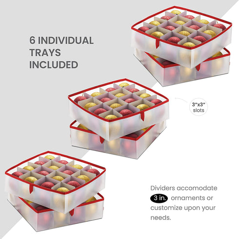 Sturdy Plastic Underbed Christmas Ornament Storage Box, 6 Trays Keeps 96 Holiday Christmas Ornaments 3" Compartments, with 2 Sided Dual Zipper Closure - Xmas Decorations Accessories,