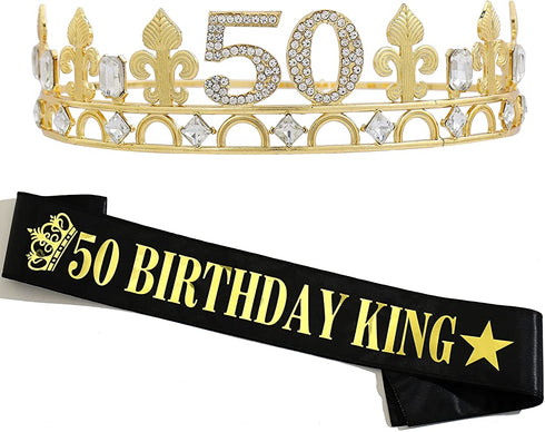50TH Birthday Crown and Birthday King sash, 50TH Birthday Gifts for Men,Birthday Gift Idea for Him, Husband, Father, Brother Friends Party Favors.50TH Birthday Decorations