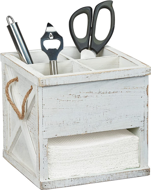 Barnyard Designs Rustic Wood Utensil Caddy with Napkin Holder - 4 Compartment Flatware, Silverware or Utensil Crock and Napkin Slot, Farmhouse Kitchen Decor, White, 7.75" x 7.75 x 6.75" (White/White)
