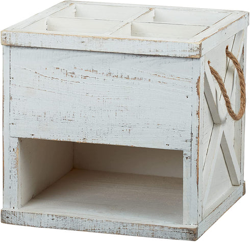 Barnyard Designs Rustic Wood Utensil Caddy with Napkin Holder - 4 Compartment Flatware, Silverware or Utensil Crock and Napkin Slot, Farmhouse Kitchen Decor, White, 7.75" x 7.75 x 6.75" (White/White)