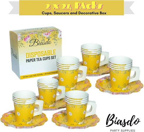 2 x 24 PACK Biasdo Paper Tea Party Decorations, 24 Drink Cups with Handles and Matching Dessert Saucer Plates for Baby and Bridal Shower Decor, Birthday Party, Event Hosting, Bright Yellow