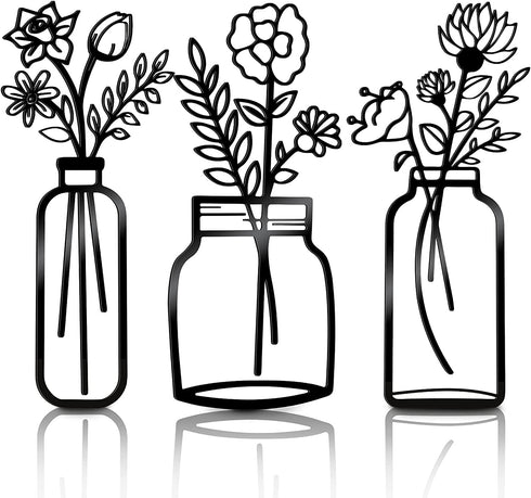 Hotop 3 Pieces Metal Vase Flowers Wall Art Flower in Vase Hanging Iron Wall Decoration Vase Flowers Interior Decor Natural Themed Metal Wall Art for Home Indoor and Outdoor Lovers