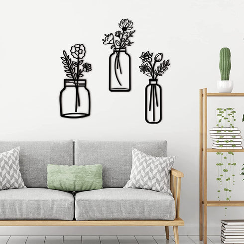 Hotop 3 Pieces Metal Vase Flowers Wall Art Flower in Vase Hanging Iron Wall Decoration Vase Flowers Interior Decor Natural Themed Metal Wall Art for Home Indoor and Outdoor Lovers