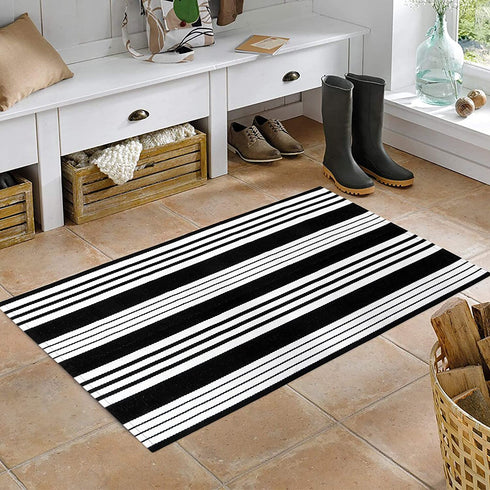 OJIA Cotton Black and White Striped Rug 24'' x 51''Hand-Woven Indoor/Outdoor Area Rug Layered Door Mats for Front Porch/Entryway/Laundry Room/ Bedroom/Outdoor