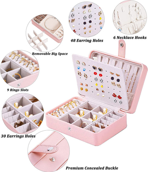 Travel Jewelry Organizer for Women, QBestry PU Leather Travel Jewelry Case Portable Mini Jewelry Box Organizer Storage Small Travel Necklace Earring Holder Organizer for Girls Christmas Birthday Gift, Light Pink