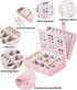Travel Jewelry Organizer for Women, QBestry PU Leather Travel Jewelry Case Portable Mini Jewelry Box Organizer Storage Small Travel Necklace Earring Holder Organizer for Girls Christmas Birthday Gift, Light Pink